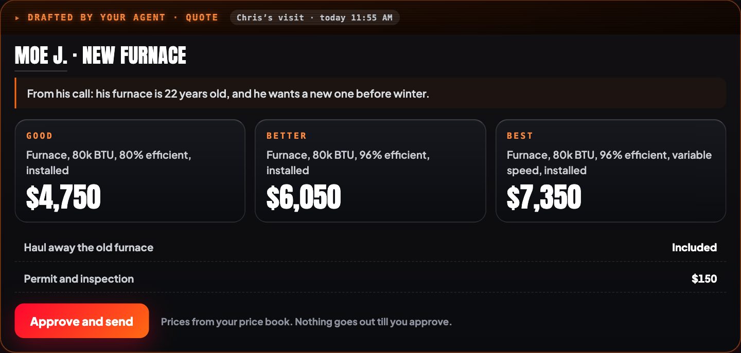 A quote the agent drafted from a call: good, better and best, from the price book, waiting for approval.